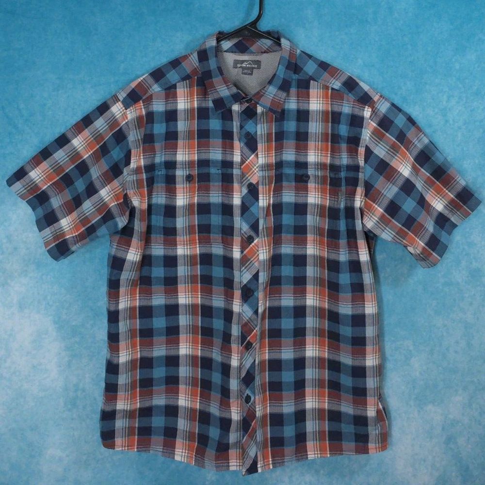 Eddie Bauer Short Sleeve Button Up Men's Plaid Shirt, Size Large